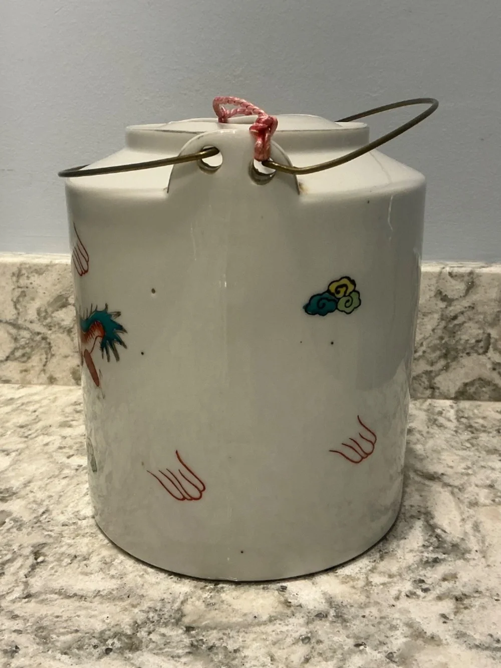 Vintage Japanese Hand Painted Porcelain tea pot w/ Basket